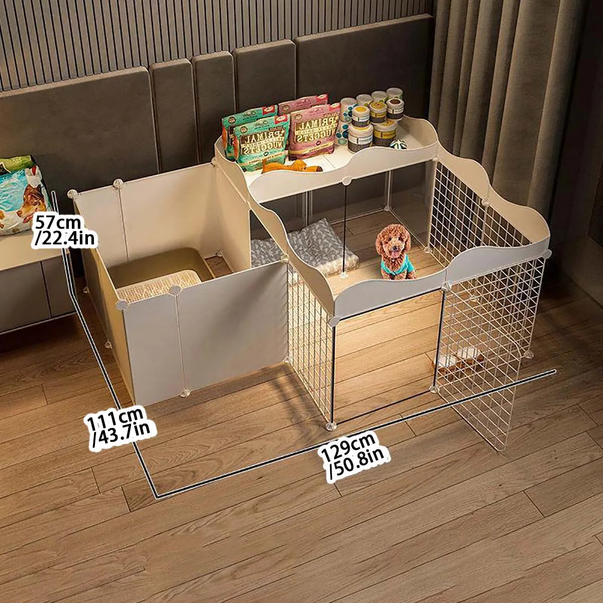 Parque y caseta interior para perros pequeños con zona higiénica