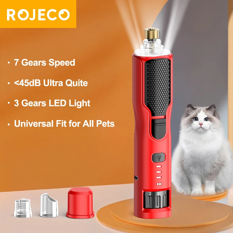 ROJECO Lima Eléctrica para Uñas de Perros y Gatos con Luz LED y 7 Velocidades Ajustables