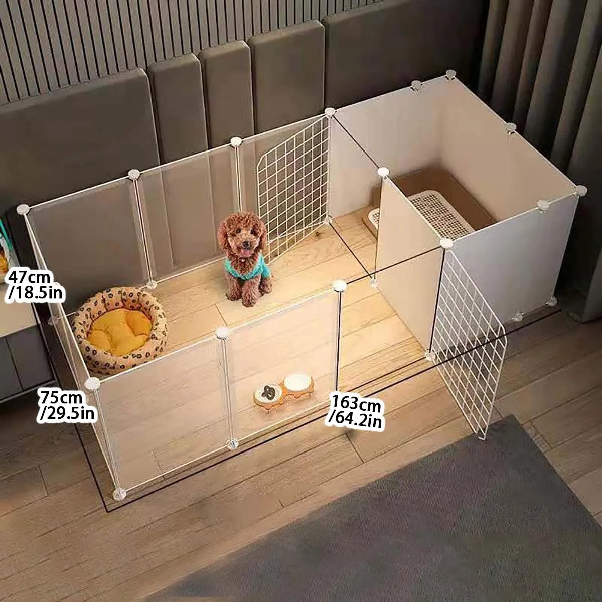 Parque y caseta interior para perros pequeños con zona higiénica