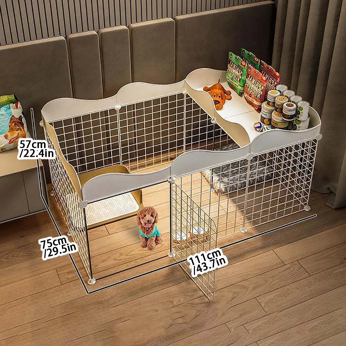 Parque y caseta interior para perros pequeños con zona higiénica