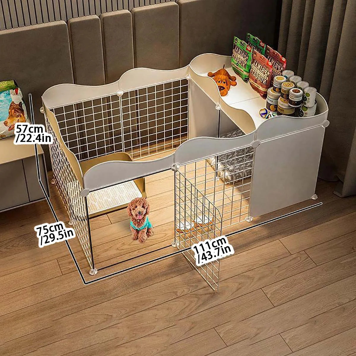 Parque y caseta interior para perros pequeños con zona higiénica
