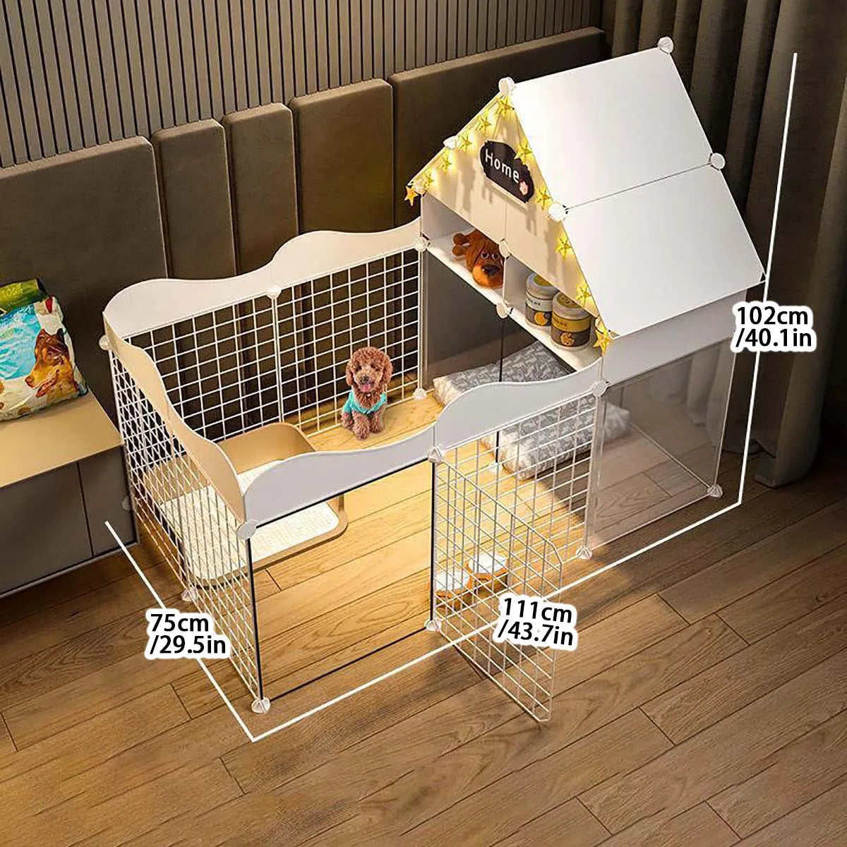 Parque y caseta interior para perros pequeños con zona higiénica