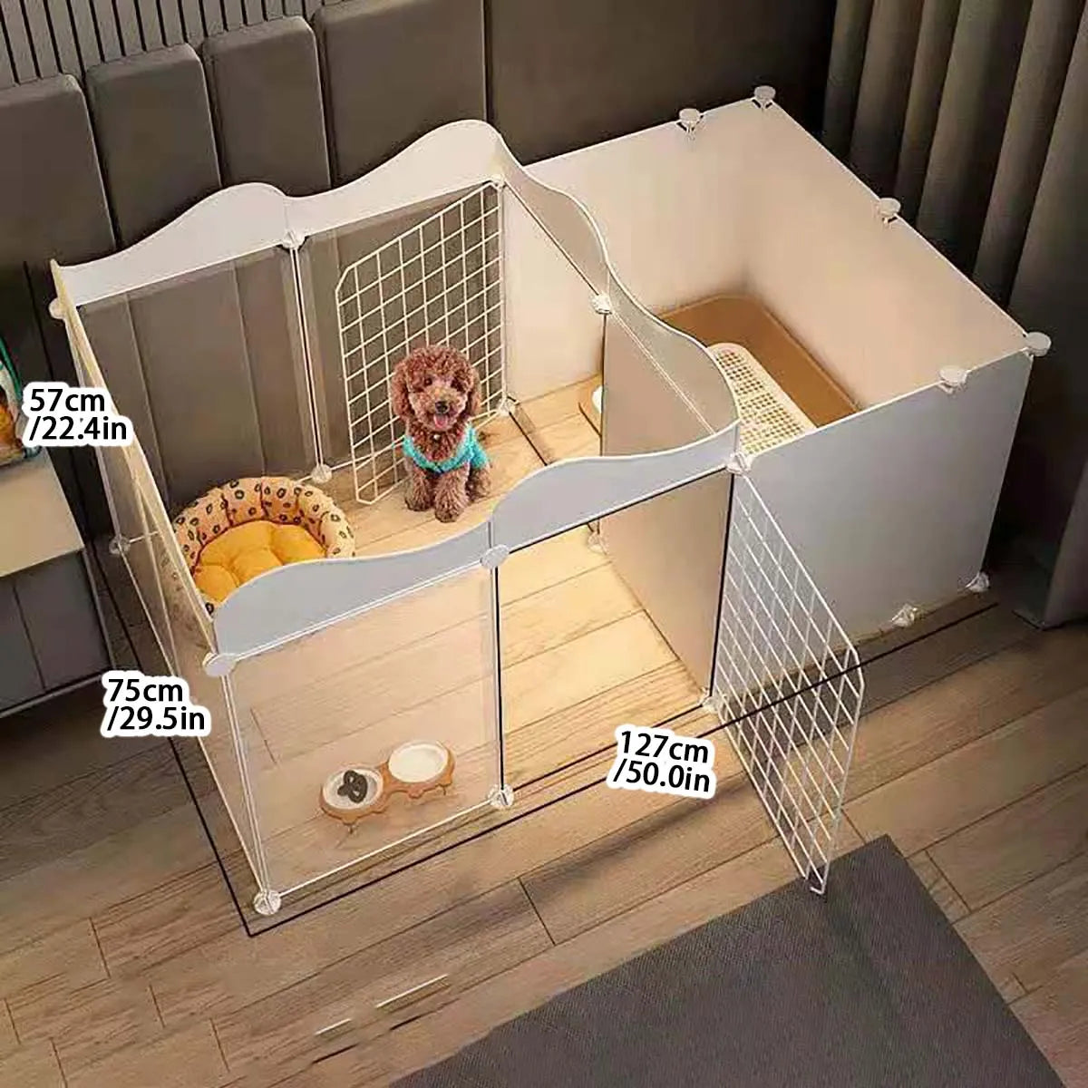 Parque y caseta interior para perros pequeños con zona higiénica