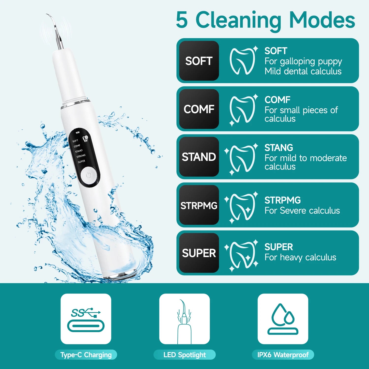 Limpiador dental ultrasónico para perros y gatos con luz LED y eliminación de sarro