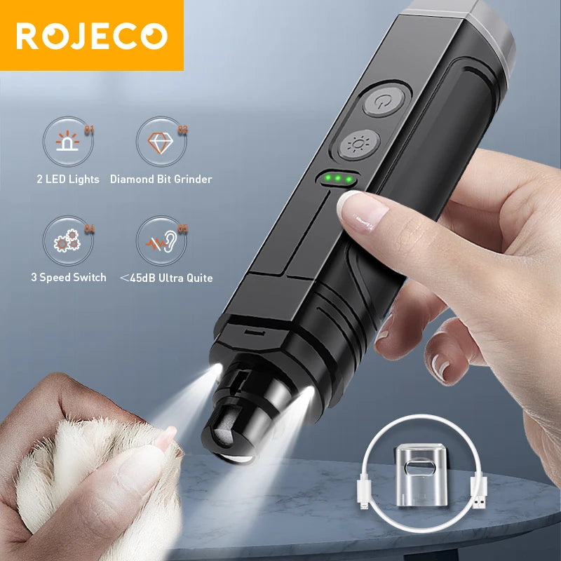ROJECO P3 Lima eléctrica para uñas de perros y gatos recargable con doble luz LED