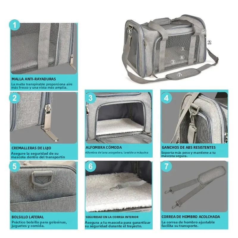 Bolso transportín para perros y gatos de viaje acolchado con malla transpirable y aprobado para avión