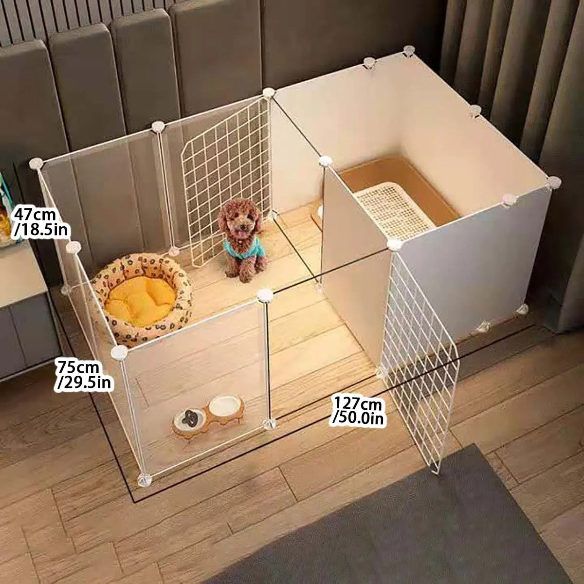 Parque y caseta interior para perros pequeños con zona higiénica