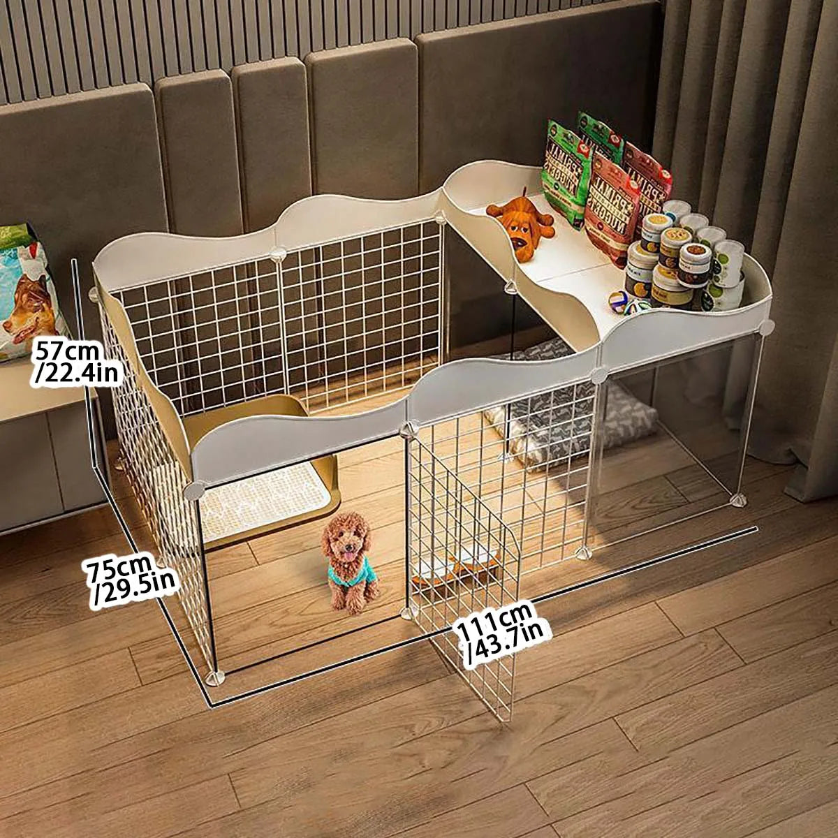 Parque y caseta interior para perros pequeños con zona higiénica
