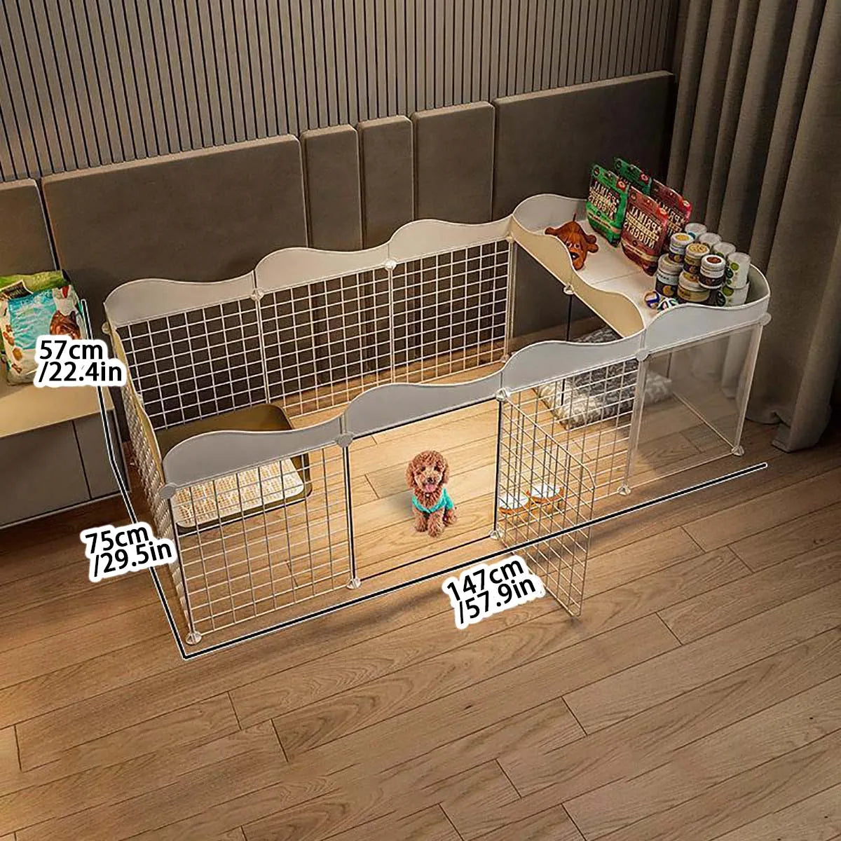 Parque y caseta interior para perros pequeños con zona higiénica