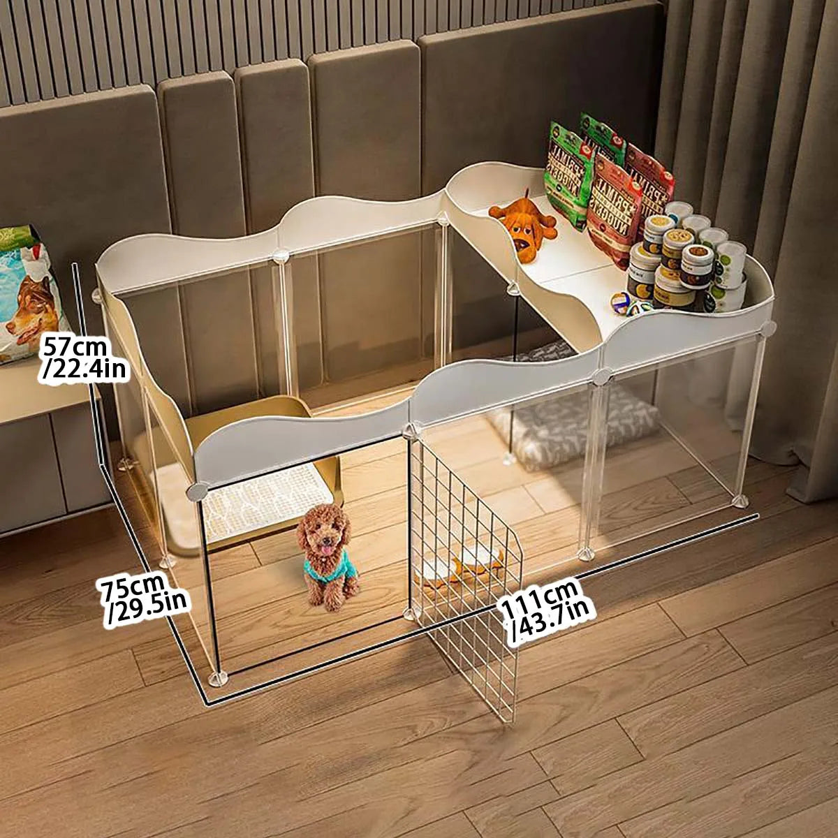 Parque y caseta interior para perros pequeños con zona higiénica